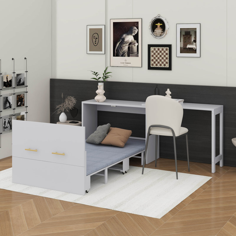 Armoire lit escamotable avec bureau en forme de L et coussin Murphy, Gris