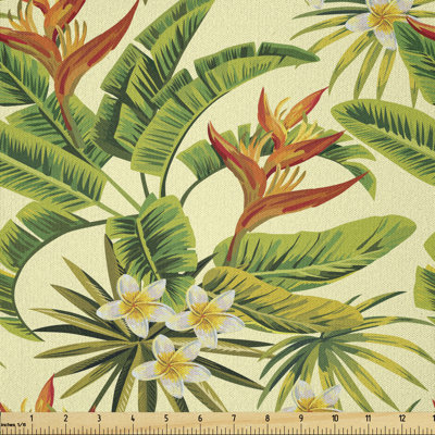 Daiyah Exotic Plumeria Flowers and Palm Tree Leaves Hawaiian Flora Fabric