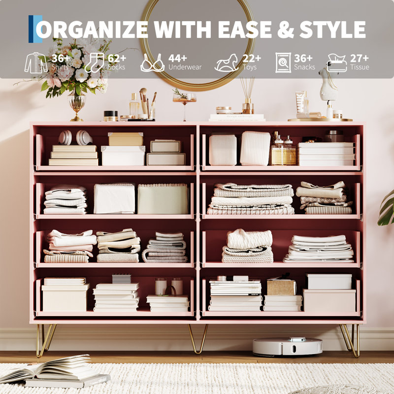 Fluted Dresser for Bedroom with 8 Drawers,55" Wide Modern Chest of Wooden Bedroom Chest with Metal Handle,Clothes Storage Organizer,Dresser & TV Stand for Living Room