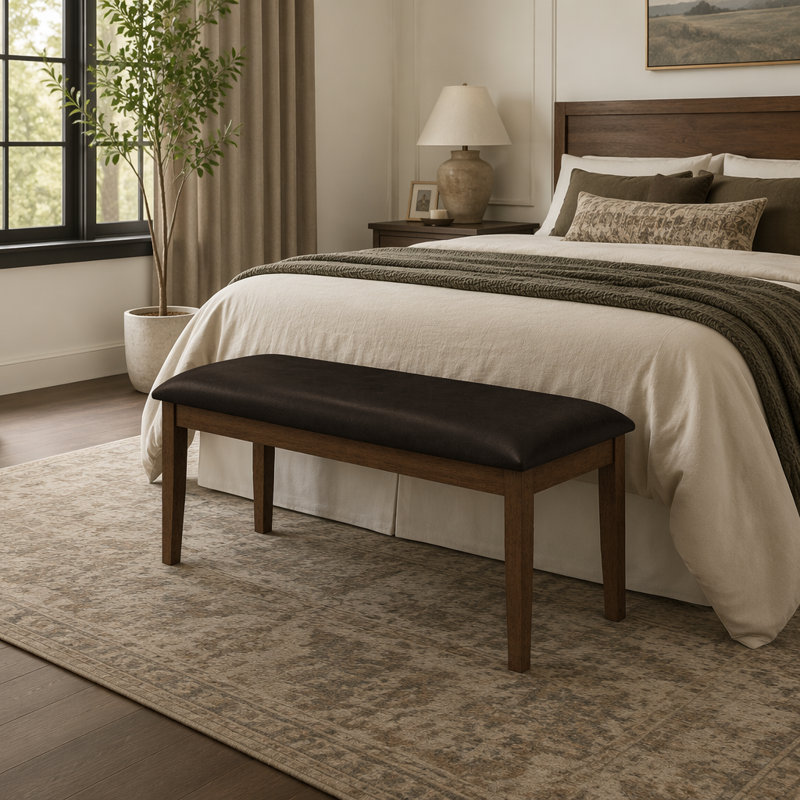 Banc transitionnel rectangulaire de 48 pouces avec revêtement en similicuir brun et structure en bois massif pour une assise polyvalente