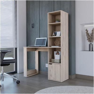 Bureau d'ordinateur avec armoire à une porte et tablette à 4 niveaux Bicknell, finition gris clair