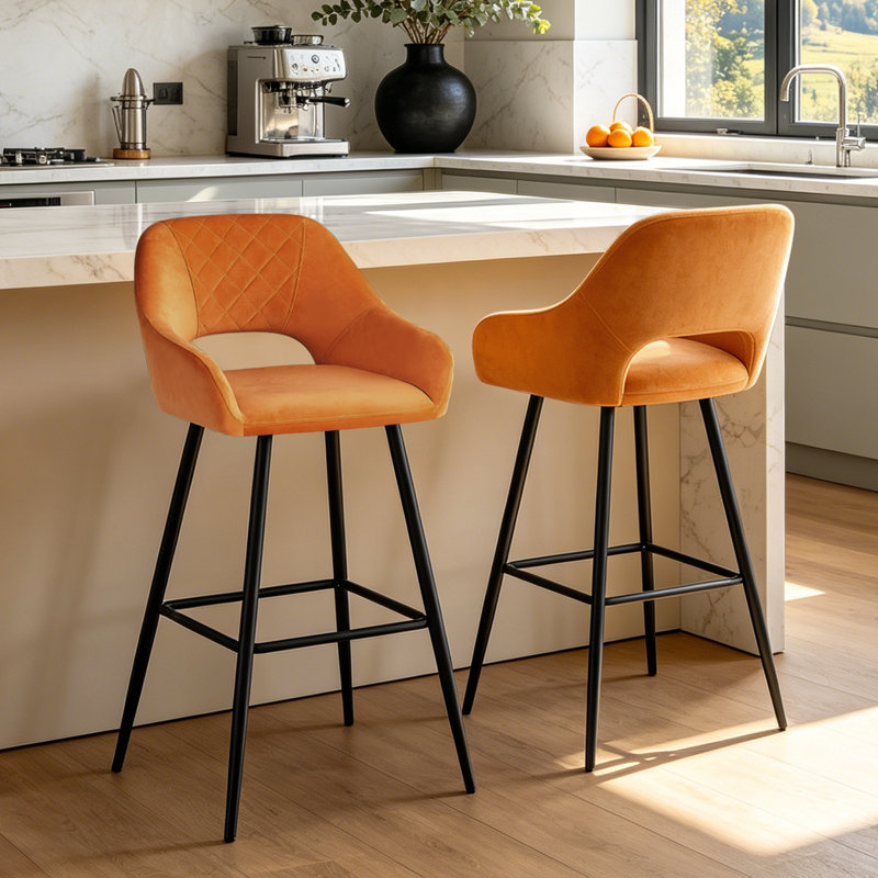 Velvet Upholstered Bar Stools with Armrests, Orange