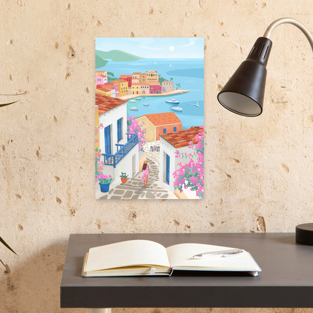 Mediterranean Coastal Village Colorful Serene Contemporary Coastal Landscape Wall Art Print