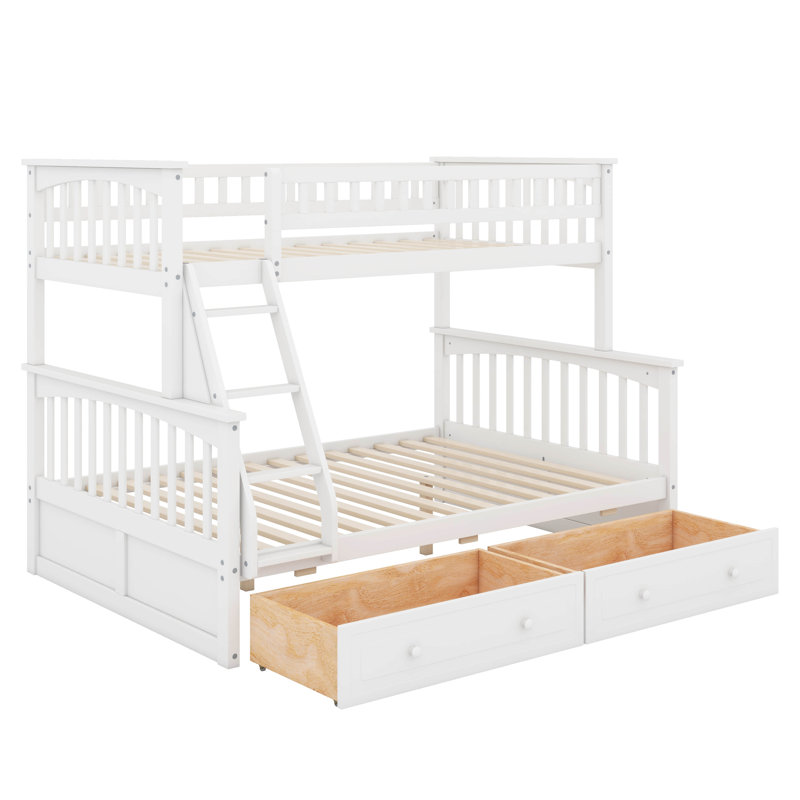 Lit simple superposé au dessus d'un lit double avec tiroirs, Blanc