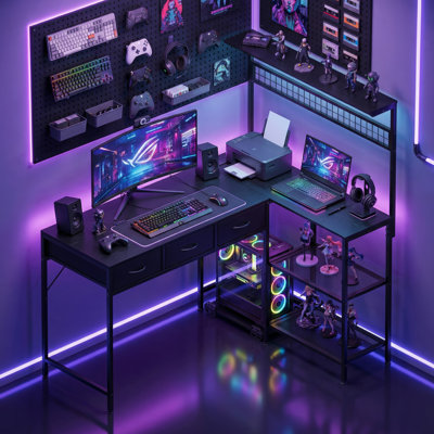 Bureau d'ordinateur en forme de L 50,4 "avec prises de courant et huche avec bureau à lumières DEL