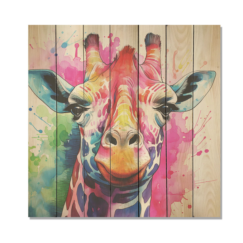 Coloré girafe majestueuse colorée - girafe sur bois, H 15 po x l 15 po