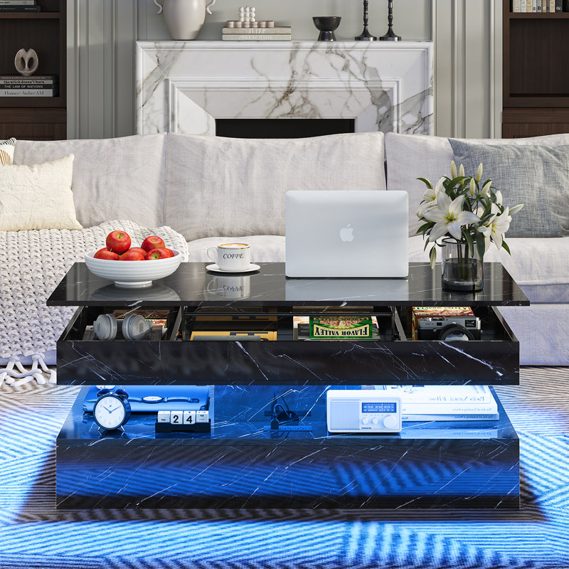 Table basse à plateau relevable de 47 po avec lumières à DEL et station de charge, centre de table moderne ultrabrillant avec 2 tiroirs de rangement, conception à double couche