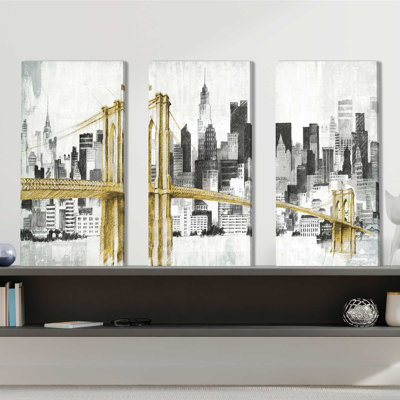 «New York Skyline I Yellow Bridge», ensemble de 3 impressions sur toile