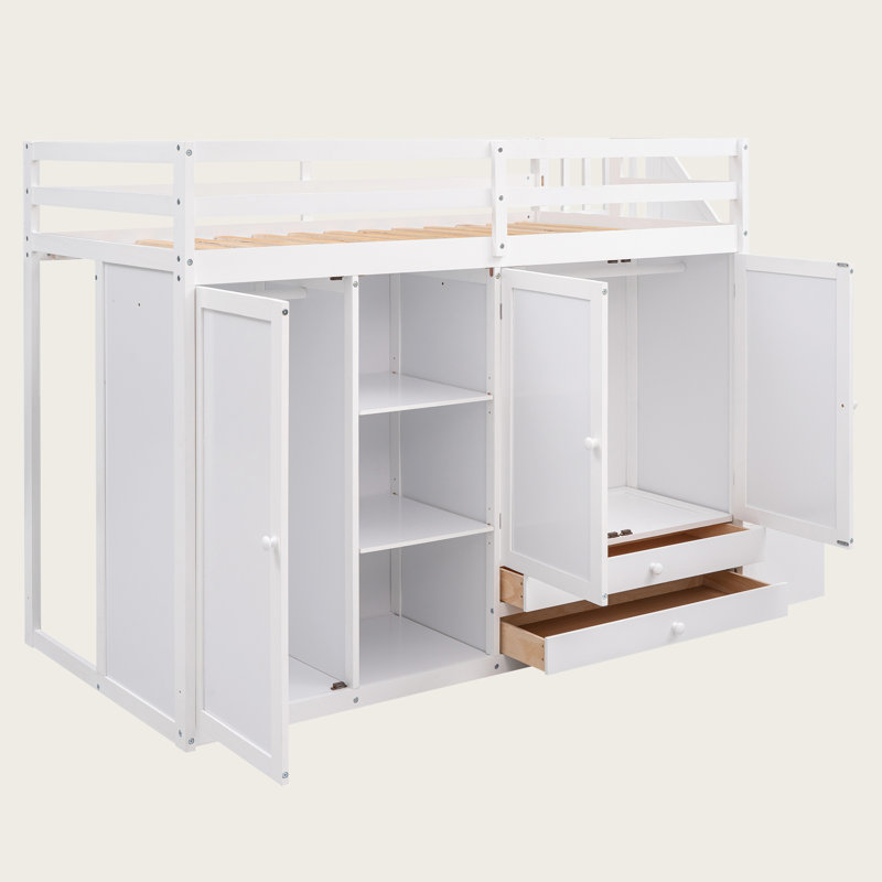 Solid Wood Loft Bed with Premium Built-In Storage & Multi-Function Design, White