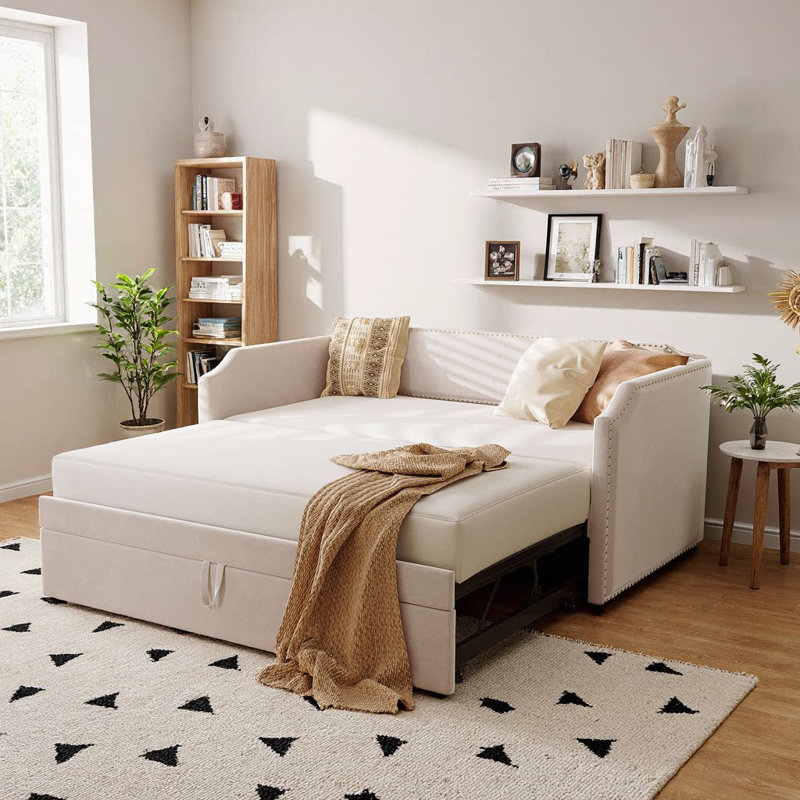 Twin Size Velvet Upholstered Daybed with Pop-Up Trundle - Beige, Cozy Sofa & Guest Bed Combo, Beige