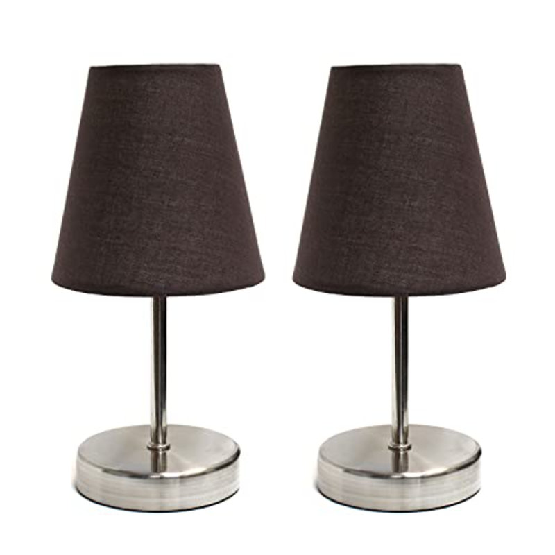 Amandev Simple Designs Sand Nickel Mini Basic Table Lamp with Tapered Fabric Shade, Brown