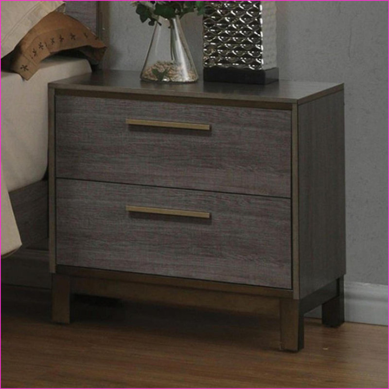 Table de chevet contemporaine à 2 tiroirs gris antique deux tons avec poignées en laiton