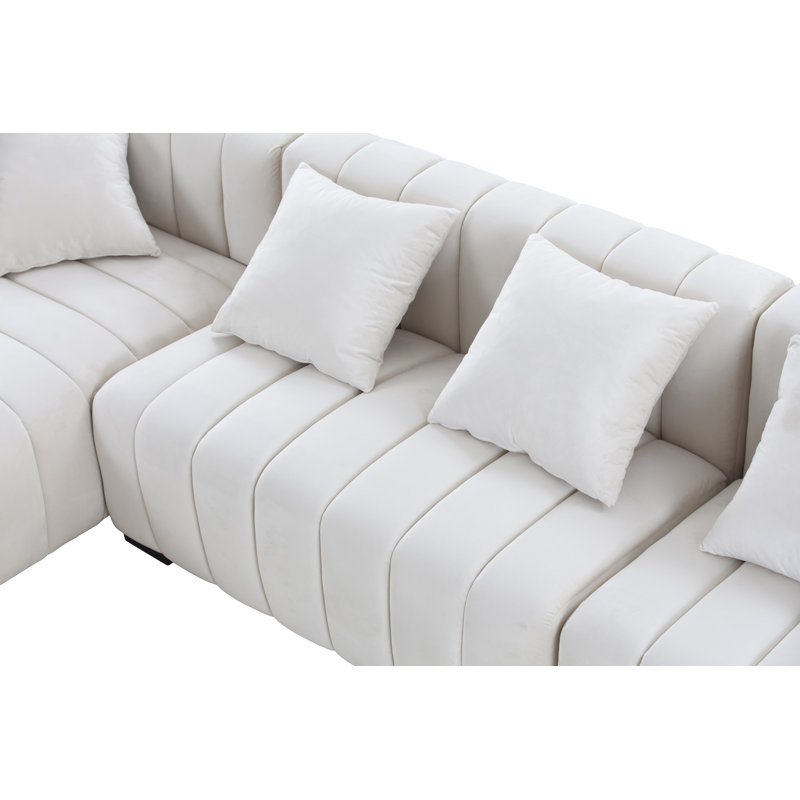 138.97" Wide Velvet Modular Sectional Sofa, Left Hand Facing, White Velvet