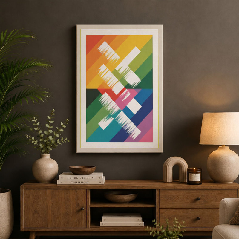 Diagonal Spectrum Geometric - Wrapped Canvas, 36x24 - 91.4 x 61.0 cm, Cream Border