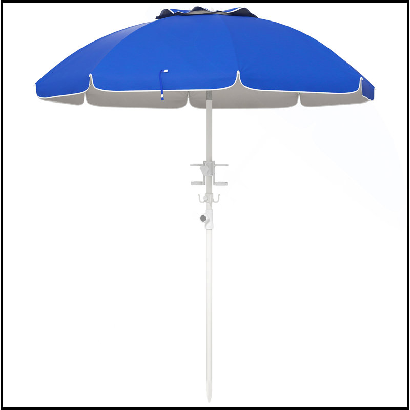 Parasol de plage portatif sophistiqué de 5,7 pi avec inclinaison, hauteur réglable, 2 porte-gobelets et crochets, parasol d'extérieur à volants UV 40+ avec auvent ventilé