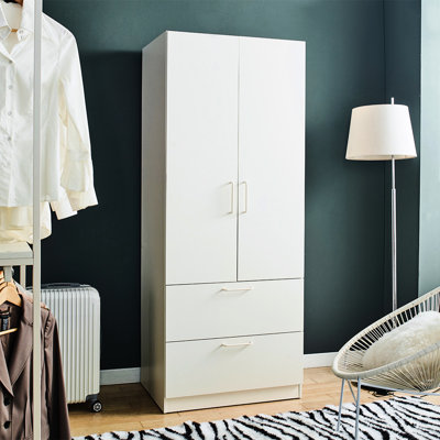 Armoire de rangement en bois blanc avec deux tiroirs et barres suspendues - portes à fermeture silencieuse, espace généreux, eau et chaleur, option douce à deux portes anti-taches, zone élargie, surface, finition, catégorie E0