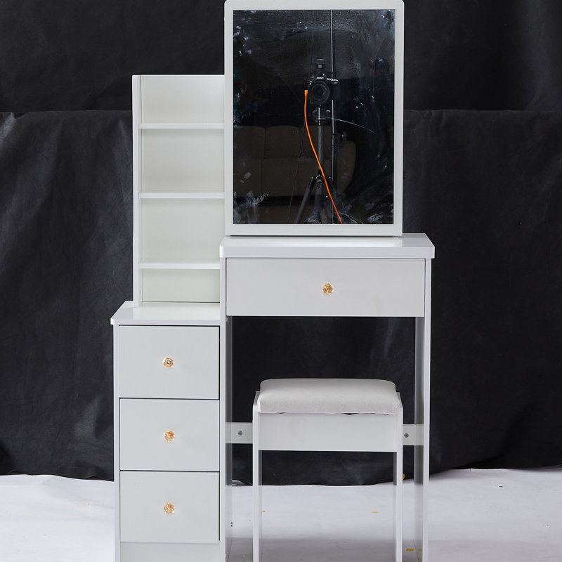 Left Bedside Cabinet Vanity Table For Small Spaces, With Padded Chair & Extra Large Sliding Mirror, Multi-Layered Storage, Stylish White Dresser Sized Cushioned Stool, Multi-Layer High Capacity