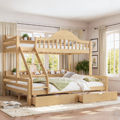 Lit superposé simple au-dessus de grand lit simple avec tiroirs de rangement, garde-corps courbé chic et tablettes de rangement latérales, cadre de lit superposé en bois massif avec échelle, pas de sommier tapissier nécessaire. Naturel