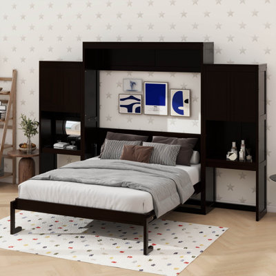 Lit escamotable multifonctionnel avec commode rabattable, armoires de rangement et bureau