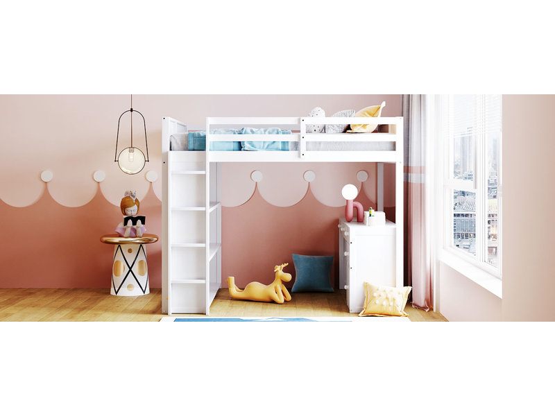 Loft Bed With Ladder, Shelves, And Desk, White, Full