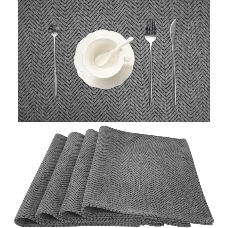 Ensemble de 4 napperons de table de salle à manger | Tapis décoratif à motif zigzag lavable, Gris foncé
