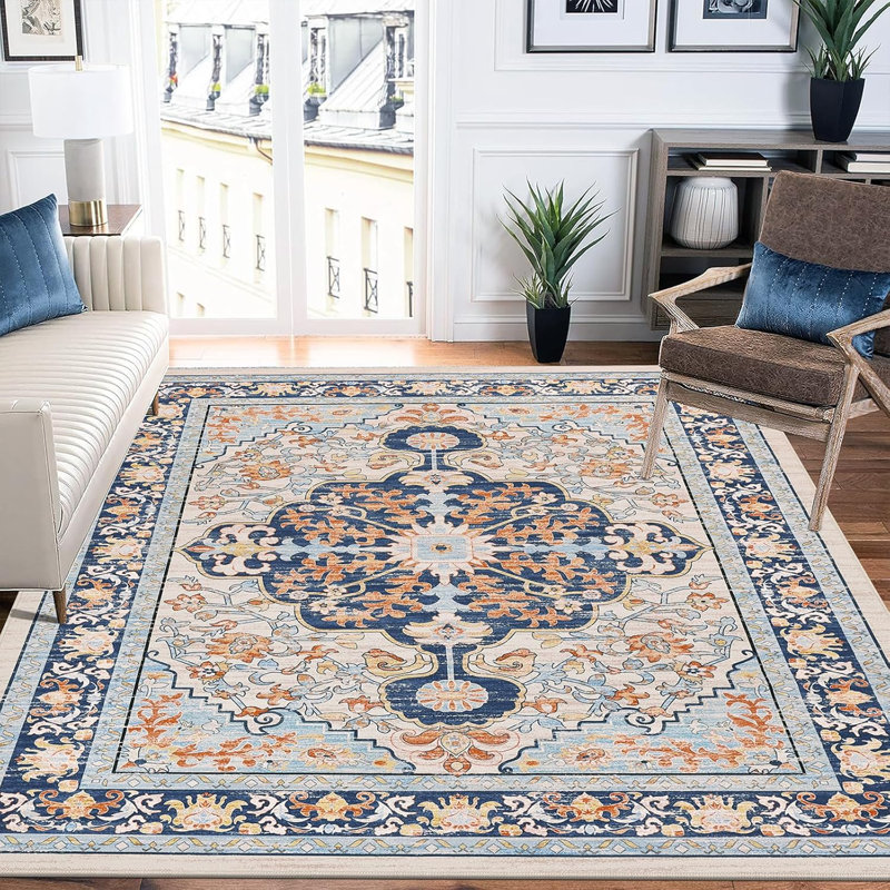 Boho Oriental Area Rug Non-slip Washable Low Pile Carpet, Blue, Rectangle 5'× 7'