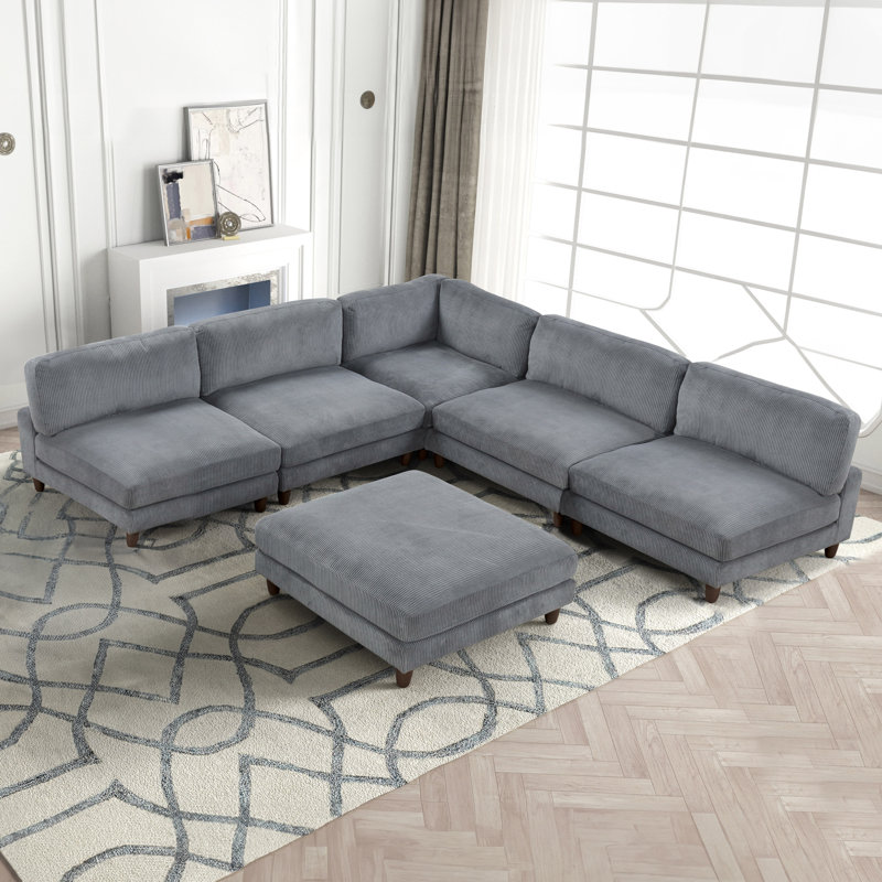 Canapé modulaire en L avec repose-pieds Avanna, Velours gris velours