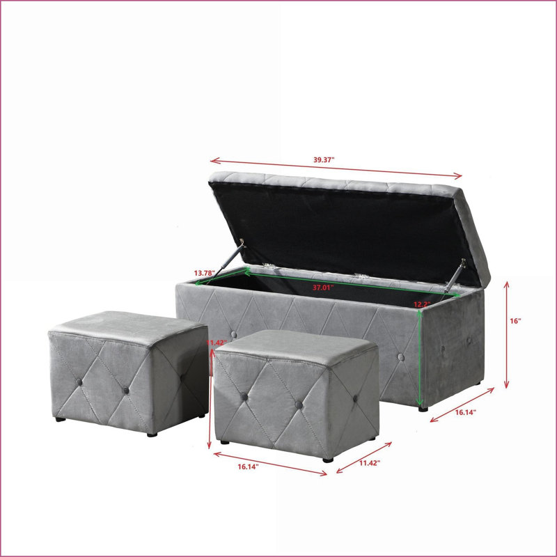Ensemble de rangement pour repose-pieds rectangulaire en velours 3 pièces gris clair | Structure en bois | Bordure noire