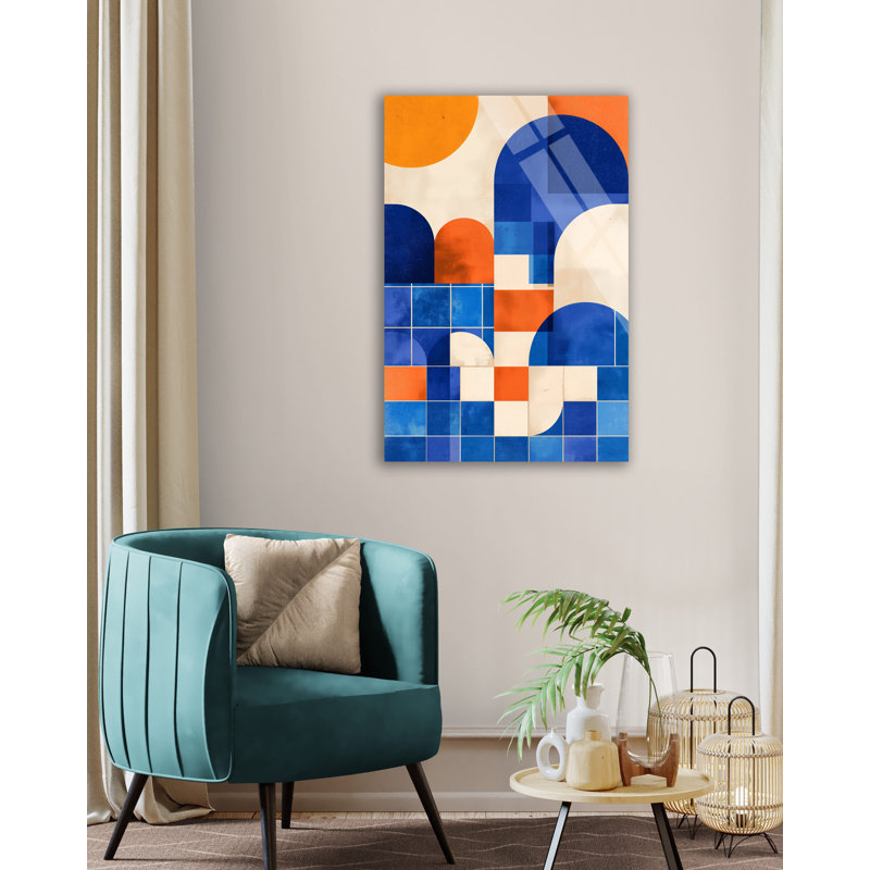 Abstrait, art mural en verre géométrique tribal abstrait, décoration moderne en verre trempé - peinture orange brûlé et beige terre, grand Boho