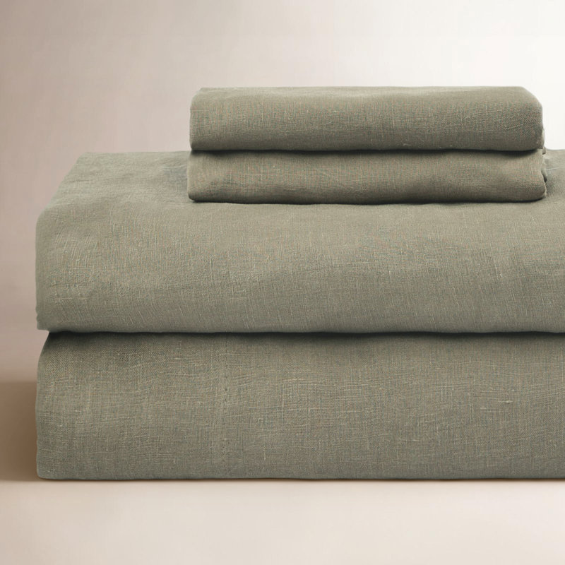 100% French Linen Sheet Set, Moss, Twin Sheet Set with 1 Pillowcase
