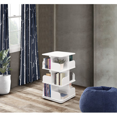Holthaus Rotating Wooden Bookcase Organizer with Open Storage Shelves for Books, DVDs, and Media Display