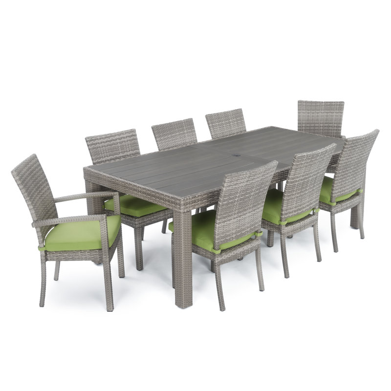 Cannes 9 Piece Dining Set with Cushions, Gray Frame/Ginkgo Green Cushion