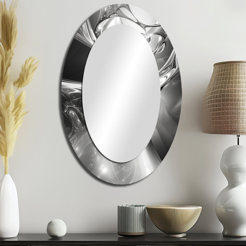 Grey Black Abstract Steel Serenade II - Large Oval Wall Mirror On Metal, 36" x 24"