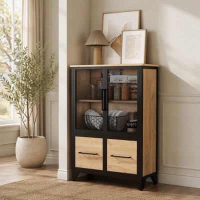 Armoire de rangement avec 4 portes en fer, poignée en métal noir, buffet avec tablette réglable, cadre en métal robuste noir et pieds en métal, facile à assembler, pour le salon, la cuisine, noir