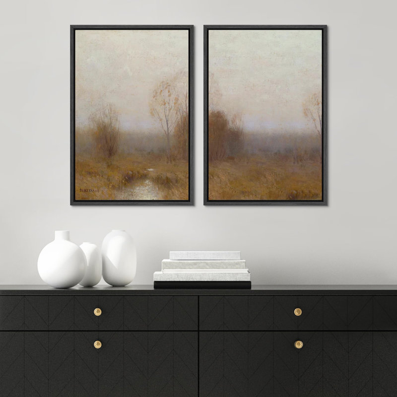 Tranquil Forest Mist Diptych, apaisant, paysage abstrait, art moderne, décoration murale, encadrée sur toile, 2 pièces, Noir