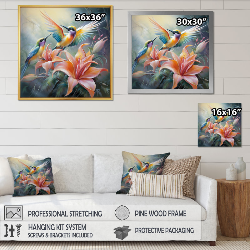 Fleurs tropicales avec un bel oiseau, H 36 po x l 36 po x P 1,5 po, Cadre flottant noir