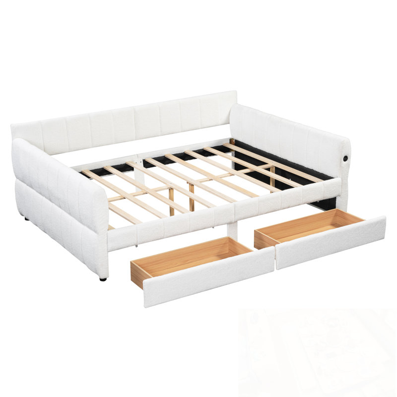 Queen Size Upholstered Platform Bed with USB and 2 Drawers, White