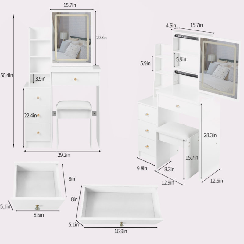 29.2" Small Size Left Bedside Cabinet Vanity Table + Cushioned Stool, Large Sliding, Touch Control, Tri-Color Switching, Brightness Adjust LED Mirror, High Capacity Storage, Suitable For Small Space