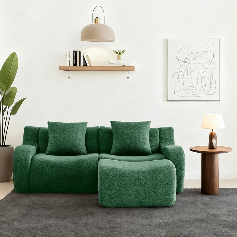 Canapé modulaire rembourré en tissu 2 pièces avec repose-pieds, Ours en peluche vert, H 35,43 po x l 82,73 po x P 65,73 po