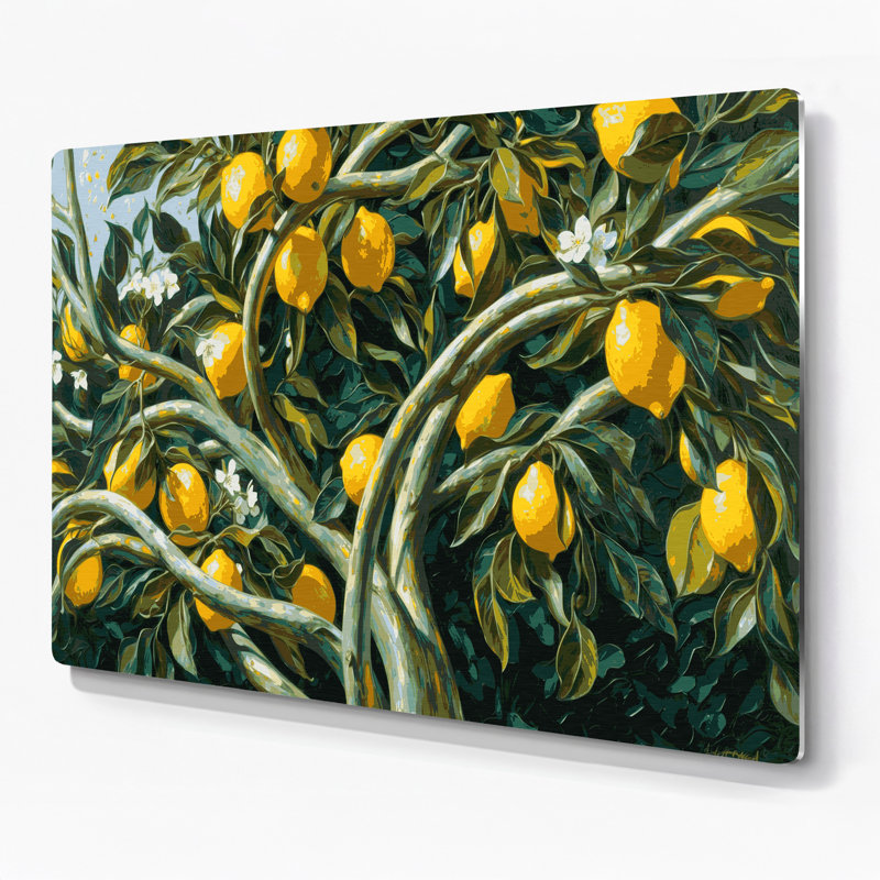 «Botanical Lemon Tree Branches», art mural en métal vert, H 144 po x l 216 po x P 0,05 po