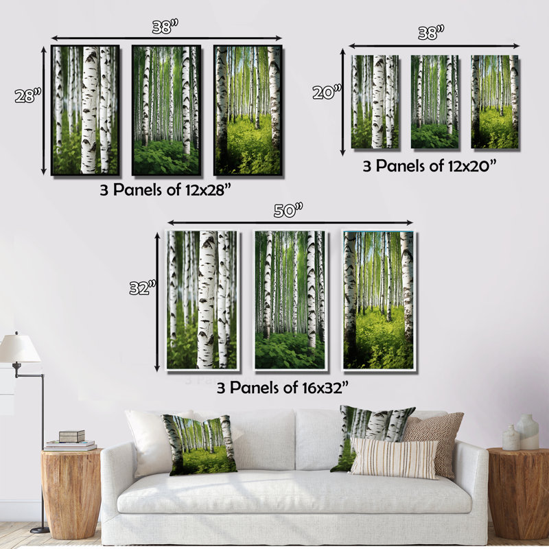 «White Green Birch Tree Whispers», 3 pièces sur toile, Toile tendue, H 20 po x l 36 po