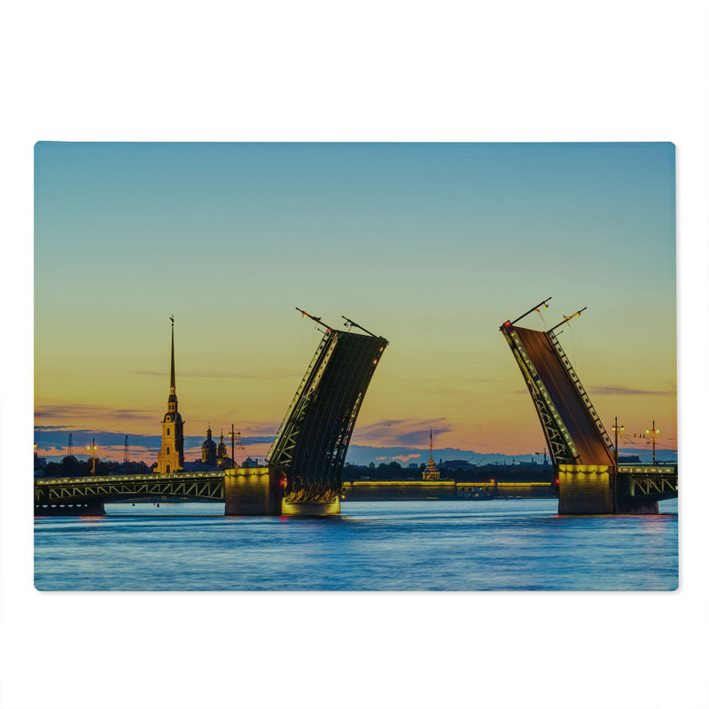 Ambesonne, planche à découper voyage, grand pont, paysage marin, coucher de soleil, orange, bleu