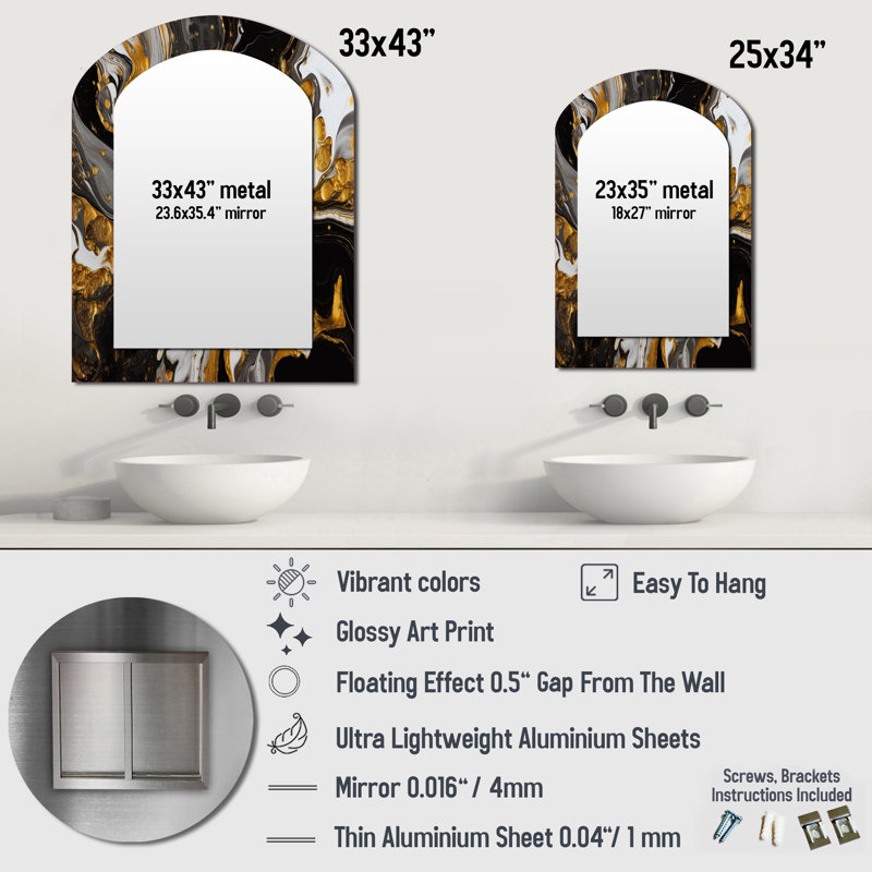 Gold Black Marbled Dreamscape II - Geometric Asymmetrical Wall Mirror, Modern Arch Decorative Mirror, Printed Metal Art