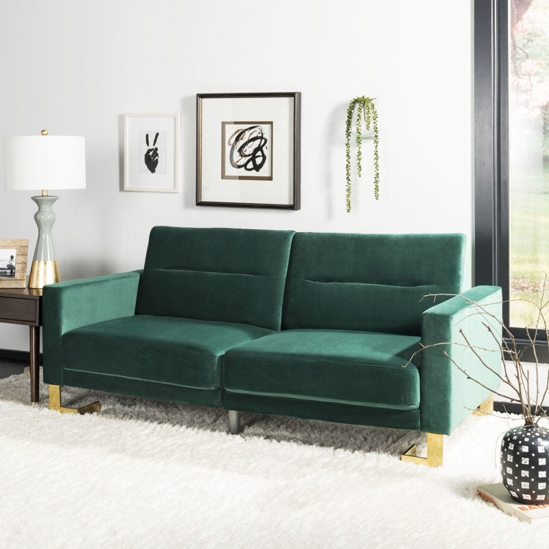Hayasdan Full / Double 77.1'' Velvet Convertible Sofa, Emerald/Brass