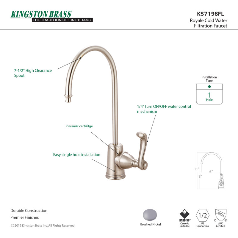 Robinet de filtration d'eau monocommande à 1 trou Kingston Brass Royale, Nickel brossé