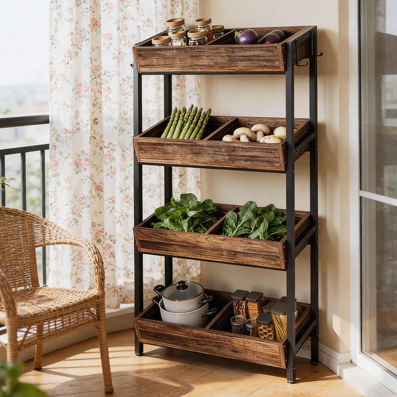 Organisateur de rangement en bois stable, support à légumes avec support à vin, capacité de 8 bacs pour la cuisine et le marché