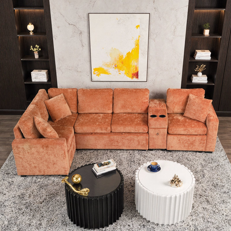 Canapé-lit modulaire convertible en L avec lit escamotable, rangement et porte-gobelets en chenille blanche, Orange