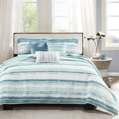 6 pièces de courtepointe imprimée à rayures aquarelle tranquilles. Microfibre pour une sensation délicieuse. Utilisation d'été ou d'hiver. Literie complète avec taies et oreillers. Apaisant. Apaisant