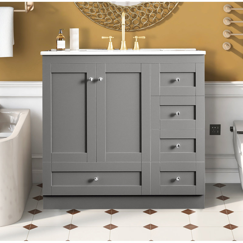 36" Free-Standing Bathroom Vanity Cabinet With Ceramic Sink,Bathroom Storage Cabinet,White, White