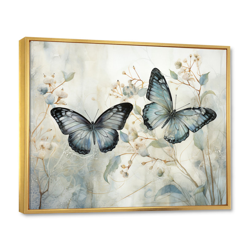«Blue Beige Butterfly Wings Of Serenity», art sur toile papillon, H 24 po x l 32 po, Reproduction avec cadre flottant, Doré